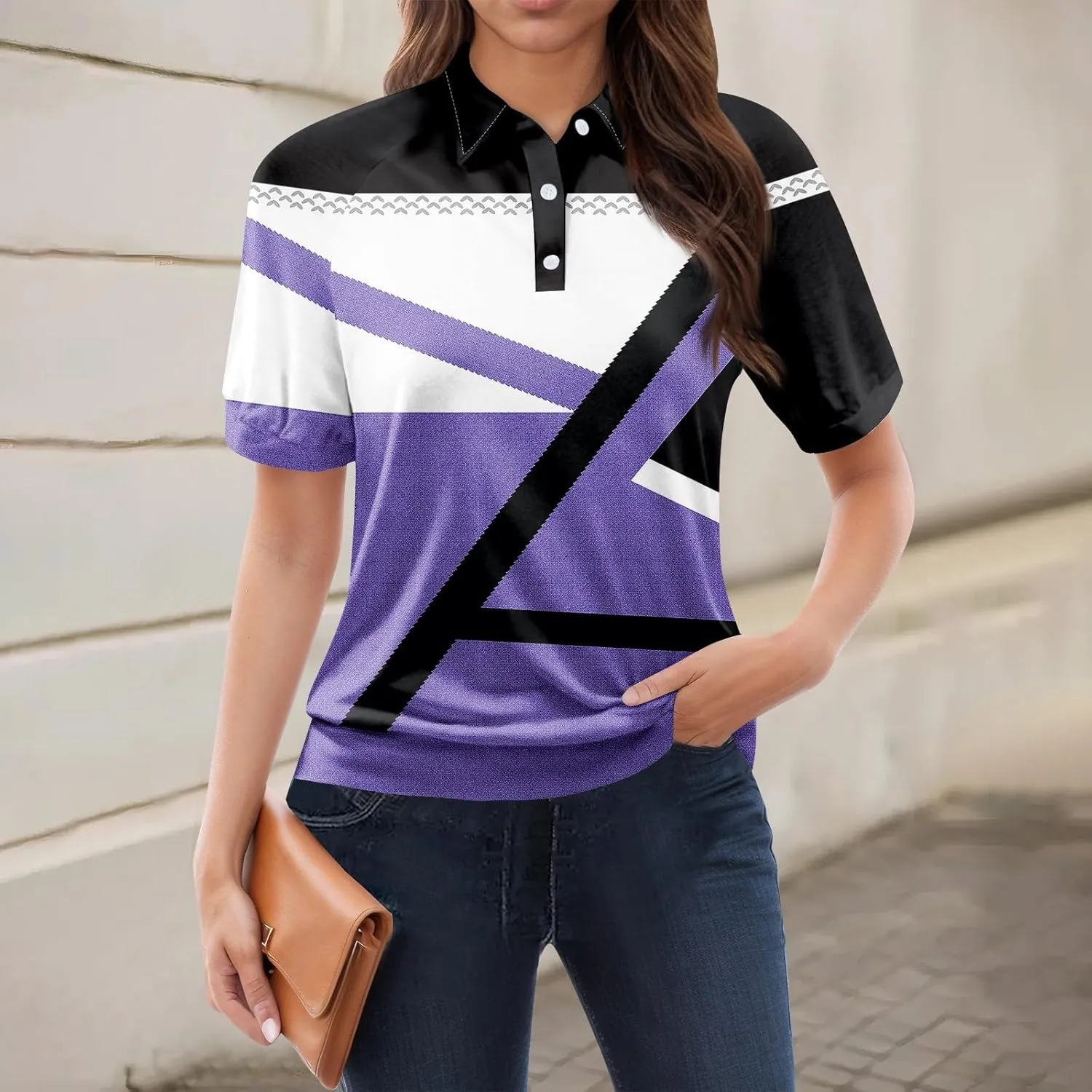 Summer Tops Womens Summer V Neck T Shirts Casual Floral Printed Collar Tops Women Short Sleeve Polo Tops