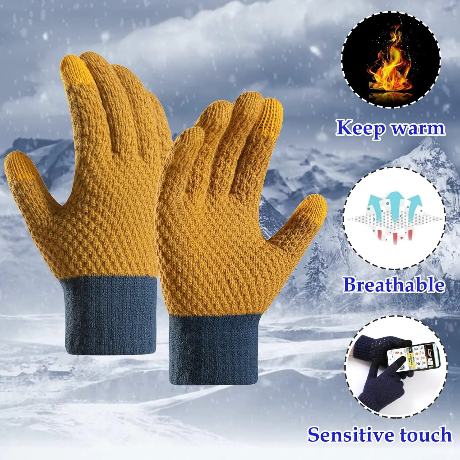Winter Gloves Touchscreen Gloves, Gloves for Men Knit Anti-slip, Gloves for Women with Warm Fleece Lined