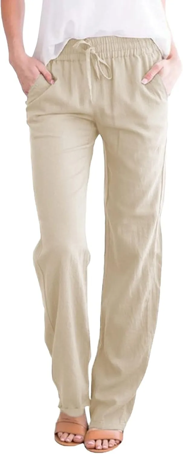 Women High Waisted Wide Leg Pants Casual Drawstring Elastic Trousers Comfy Straight Leg Long Womens Warm Casual