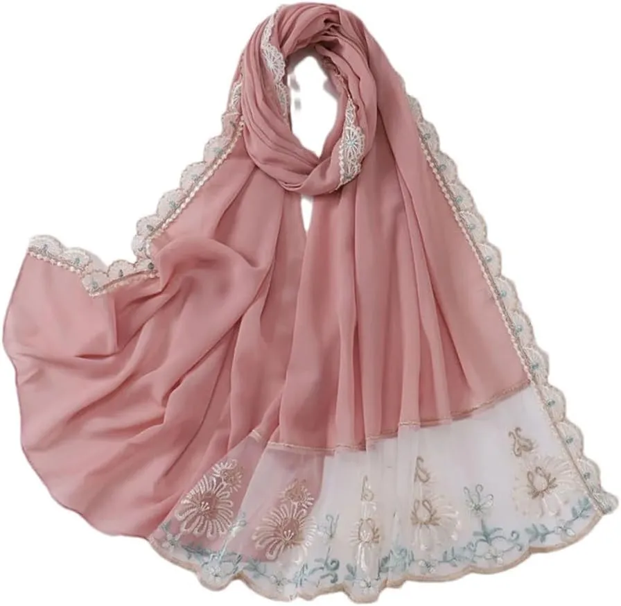 Women Lace Embroidered Floral Chiffon Hijab Shawls Wrap Beach Ramadan Muslim 175 * 70cm