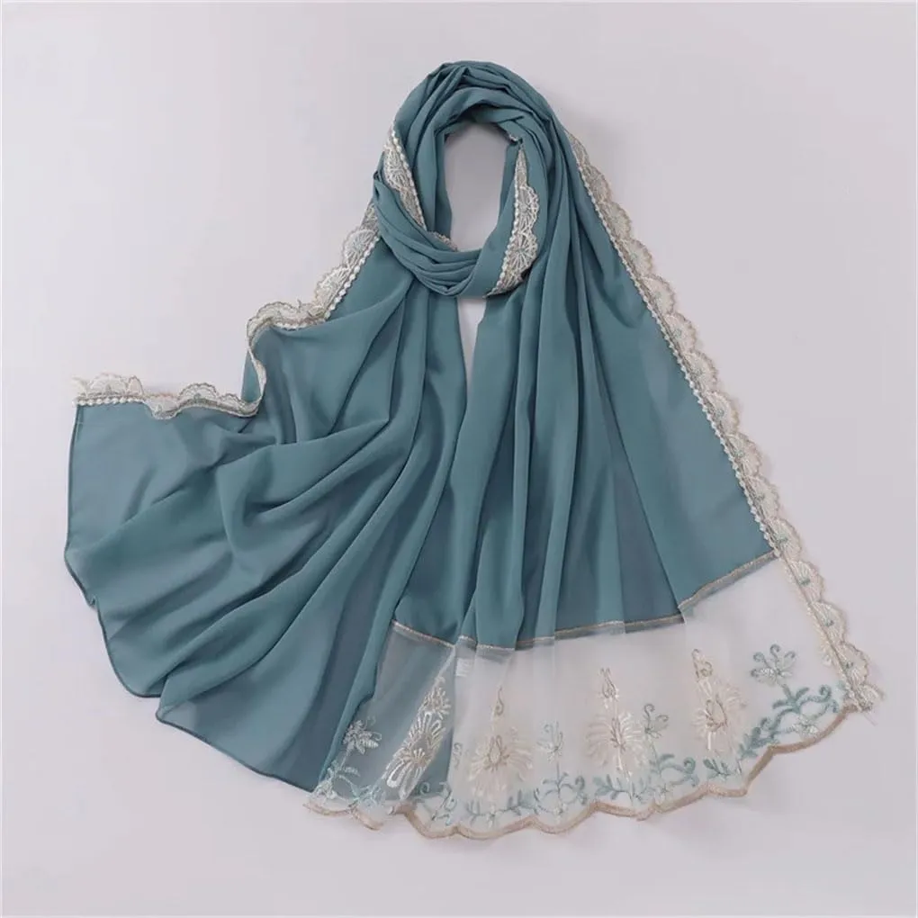 Women Lace Embroidered Floral Chiffon Hijab Shawls Wrap Beach Ramadan Muslim 175 * 70cm