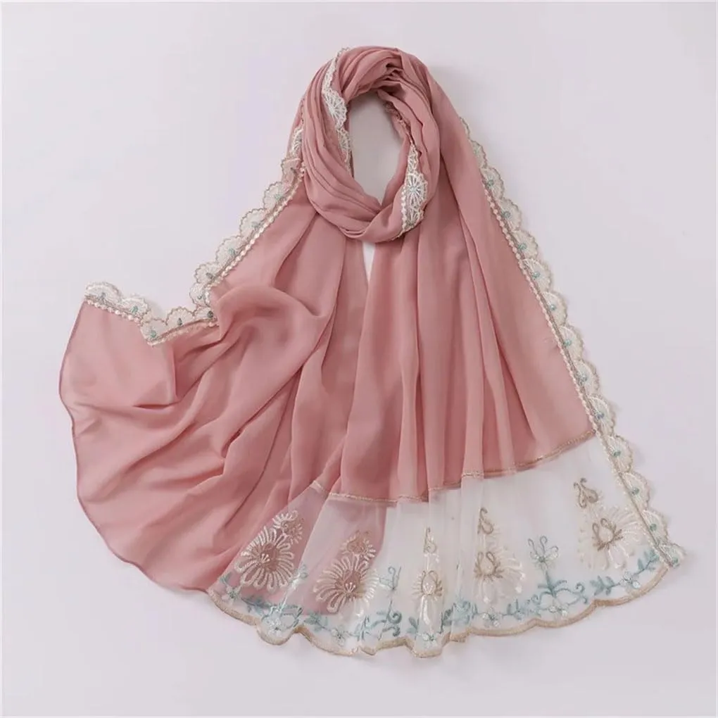 Women Lace Embroidered Floral Chiffon Hijab Shawls Wrap Beach Ramadan Muslim 175 * 70cm