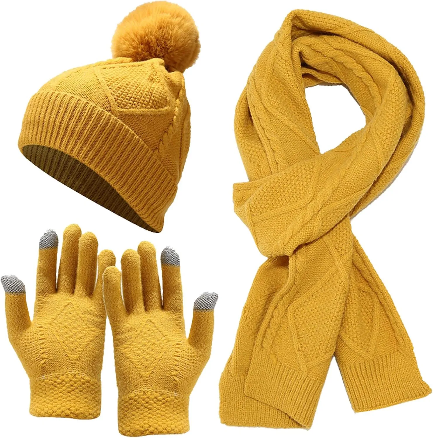 Women Mens Winter Hat Neck Scarf Touchscreen Gloves Slouchy Beanie Snow Warmer Knit Skull Cap Mittens Thick Scarves