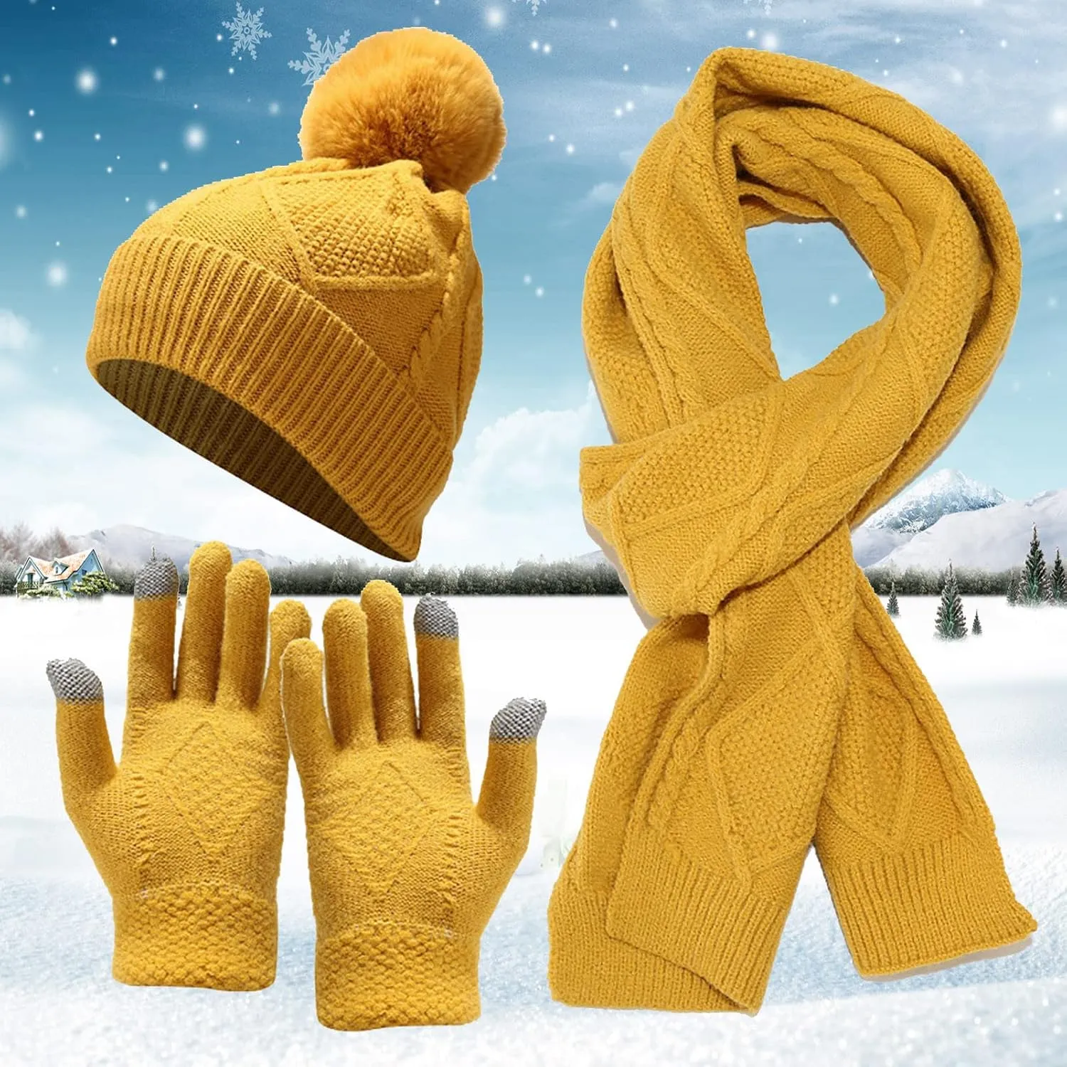 Women Mens Winter Hat Neck Scarf Touchscreen Gloves Slouchy Beanie Snow Warmer Knit Skull Cap Mittens Thick Scarves