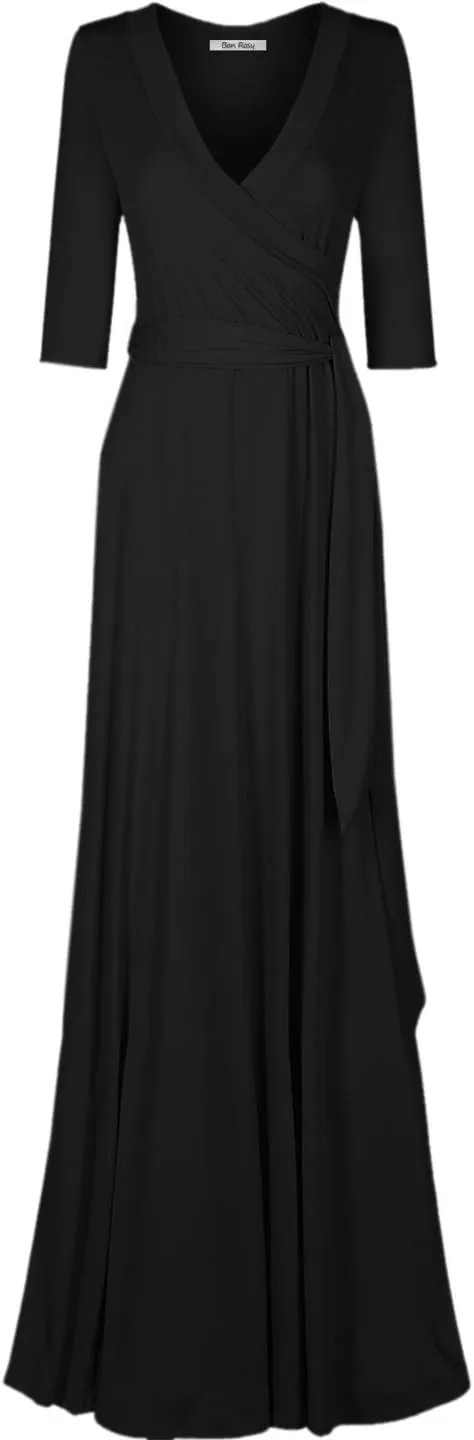 Women's 3/4 Sleeve Deep V-Neck Maxi Faux Wrap Solid Plus Size Dress