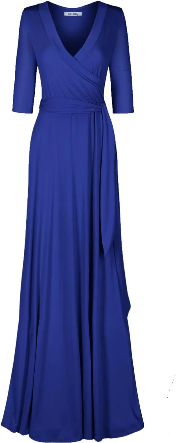 Women's 3/4 Sleeve Deep V-Neck Maxi Faux Wrap Solid Plus Size Dress