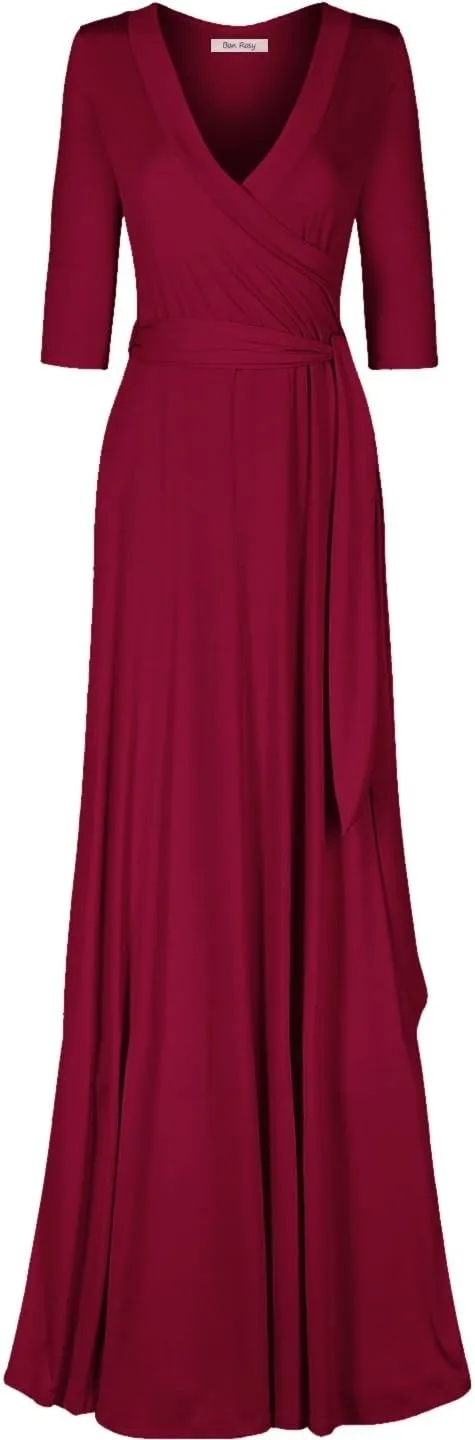 Women's 3/4 Sleeve Deep V-Neck Maxi Faux Wrap Solid Plus Size Dress
