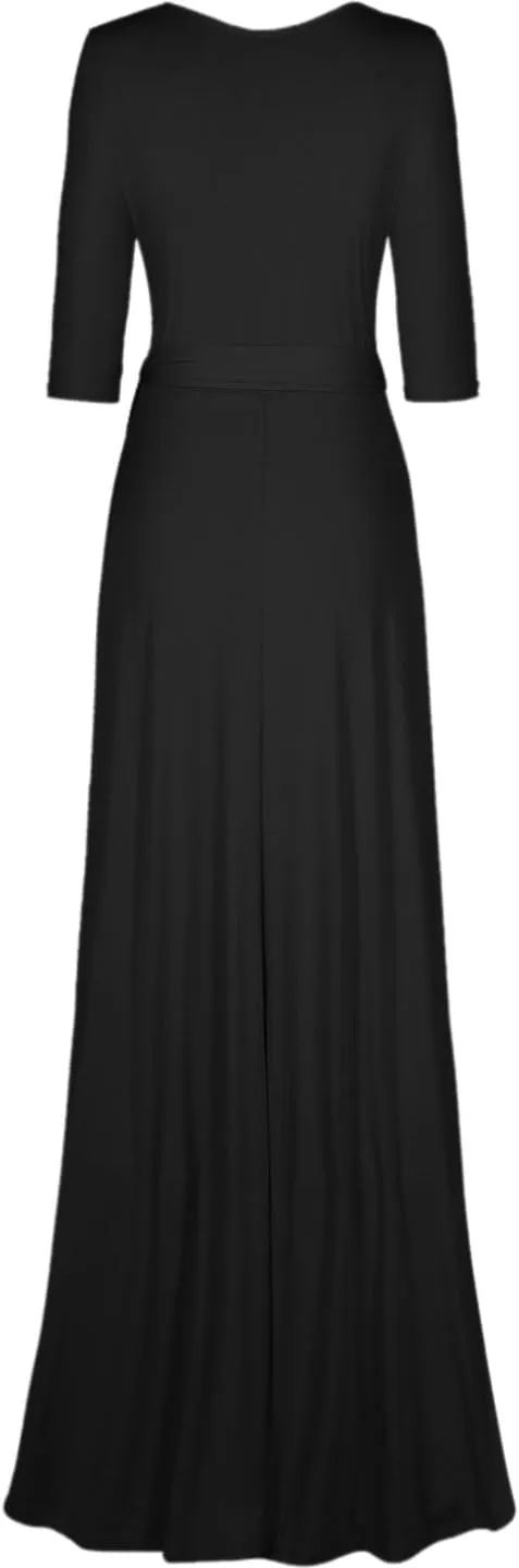 Women's 3/4 Sleeve Deep V-Neck Maxi Faux Wrap Solid Plus Size Dress