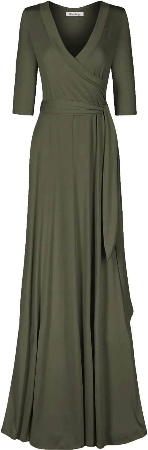 Women's 3/4 Sleeve Deep V-Neck Maxi Faux Wrap Solid Plus Size Dress