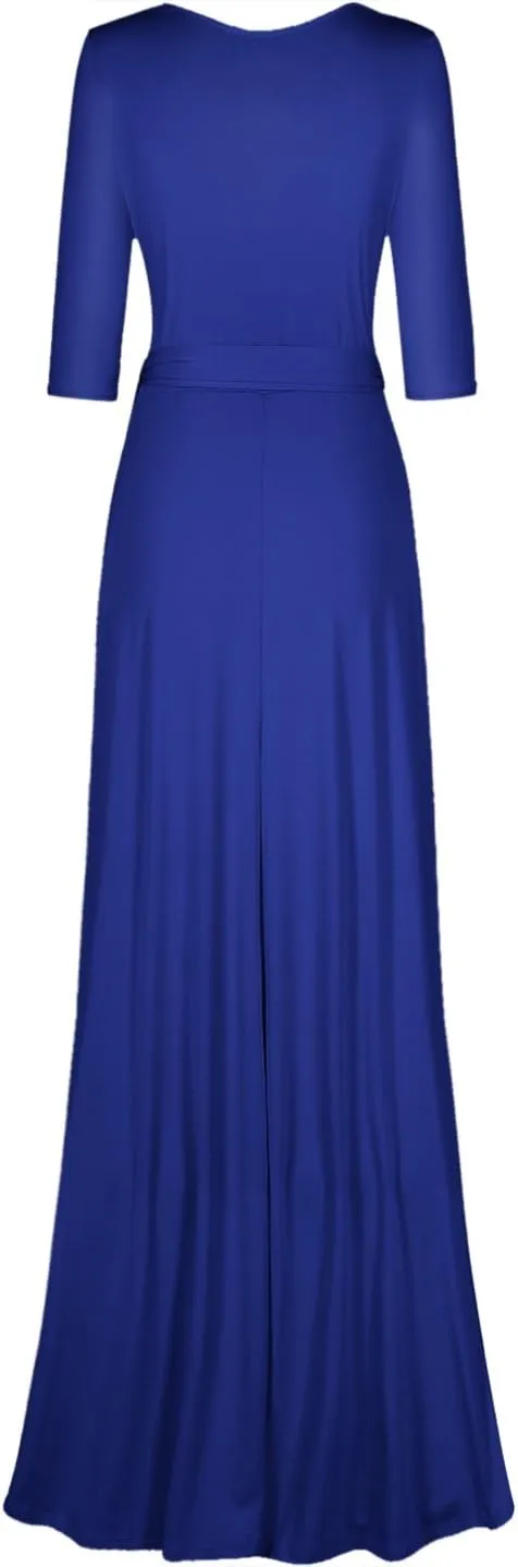 Women's 3/4 Sleeve Deep V-Neck Maxi Faux Wrap Solid Plus Size Dress