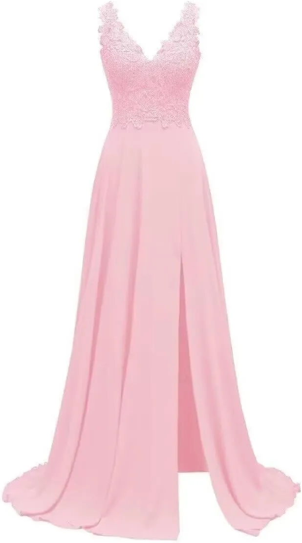 Women's Bridesmaid Dresses Long Chiffon Slit Semi Formal Dresses V-Neck Backless A-Line Evening Gowns for Wedding