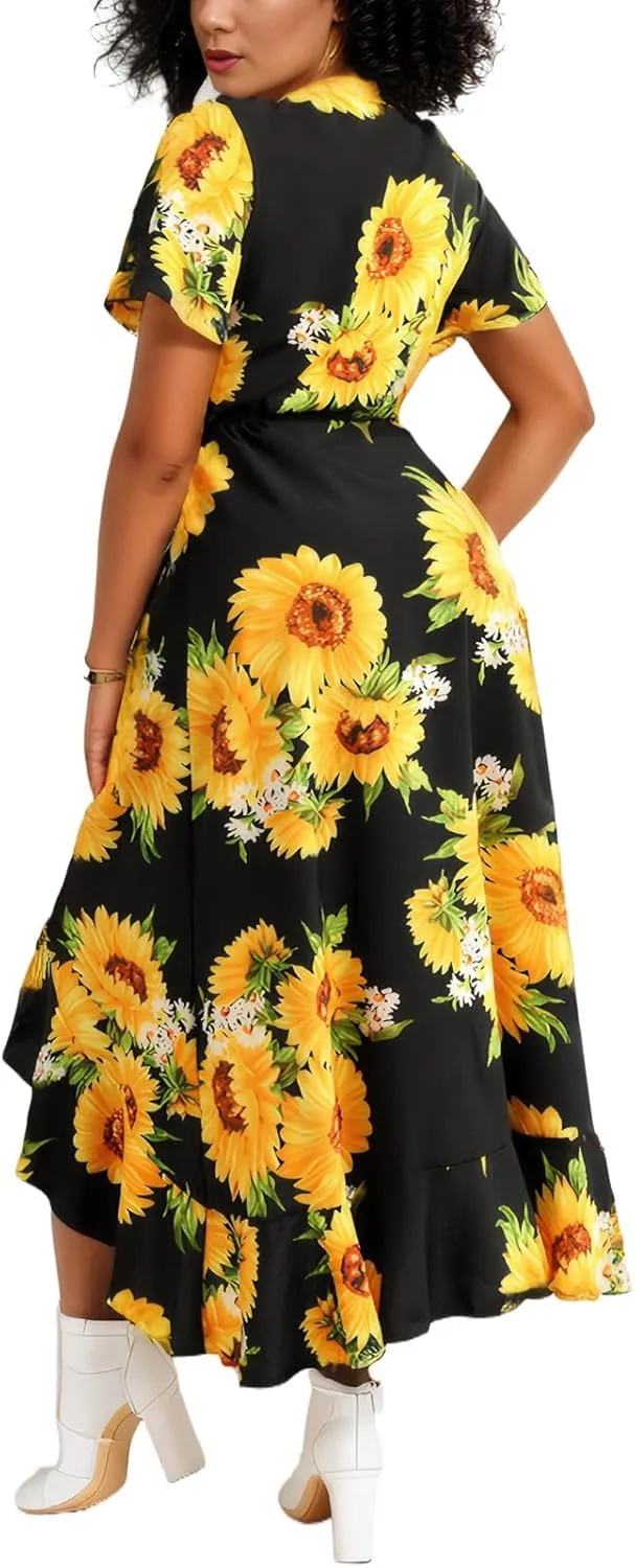 Women’s Deep V Neck Wrap Maxi Dresses Casual Ruffle Hem Split Long Dress
