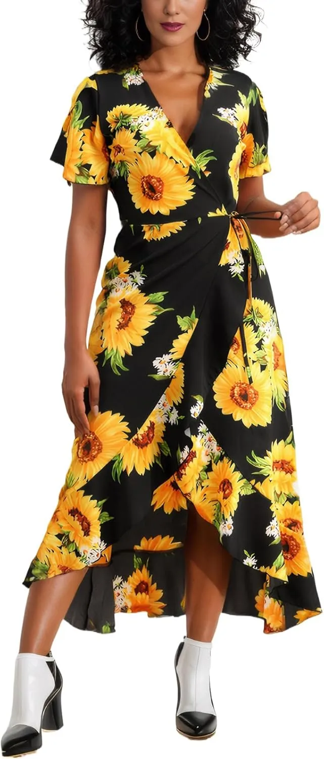 Women’s Deep V Neck Wrap Maxi Dresses Casual Ruffle Hem Split Long Dress