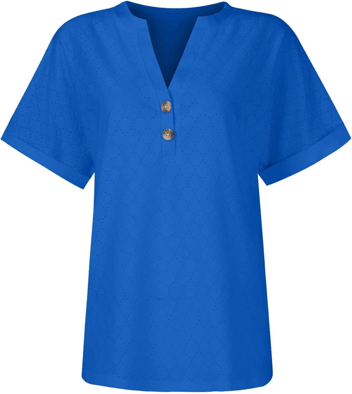 Womens Eyelet Jacquard Tops Plus Size Button V Neck Short Rolled Sleeve Trendy Casual Shirts Dressy Embroidery Blouse