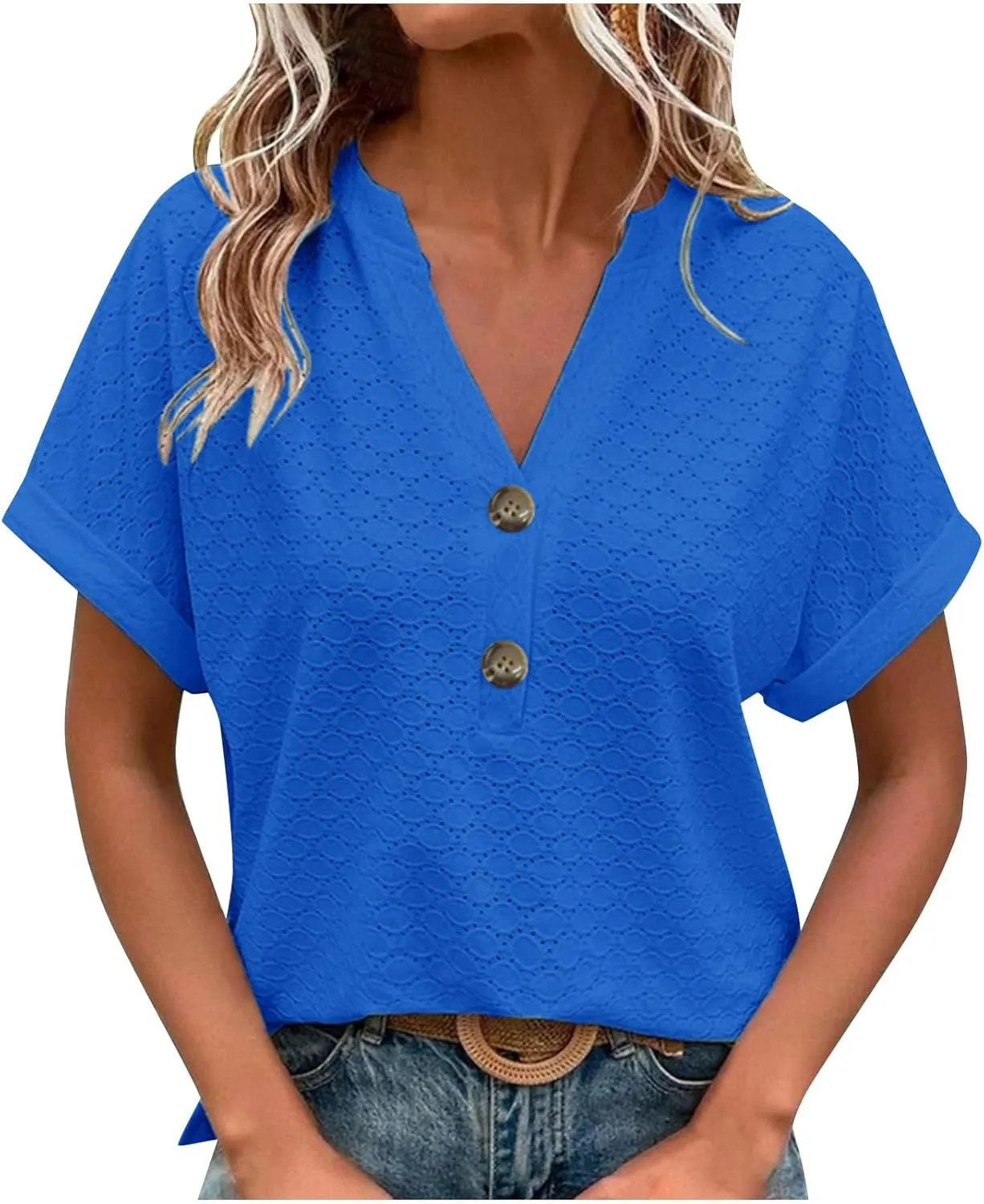 Womens Eyelet Jacquard Tops Plus Size Button V Neck Short Rolled Sleeve Trendy Casual Shirts Dressy Embroidery Blouse