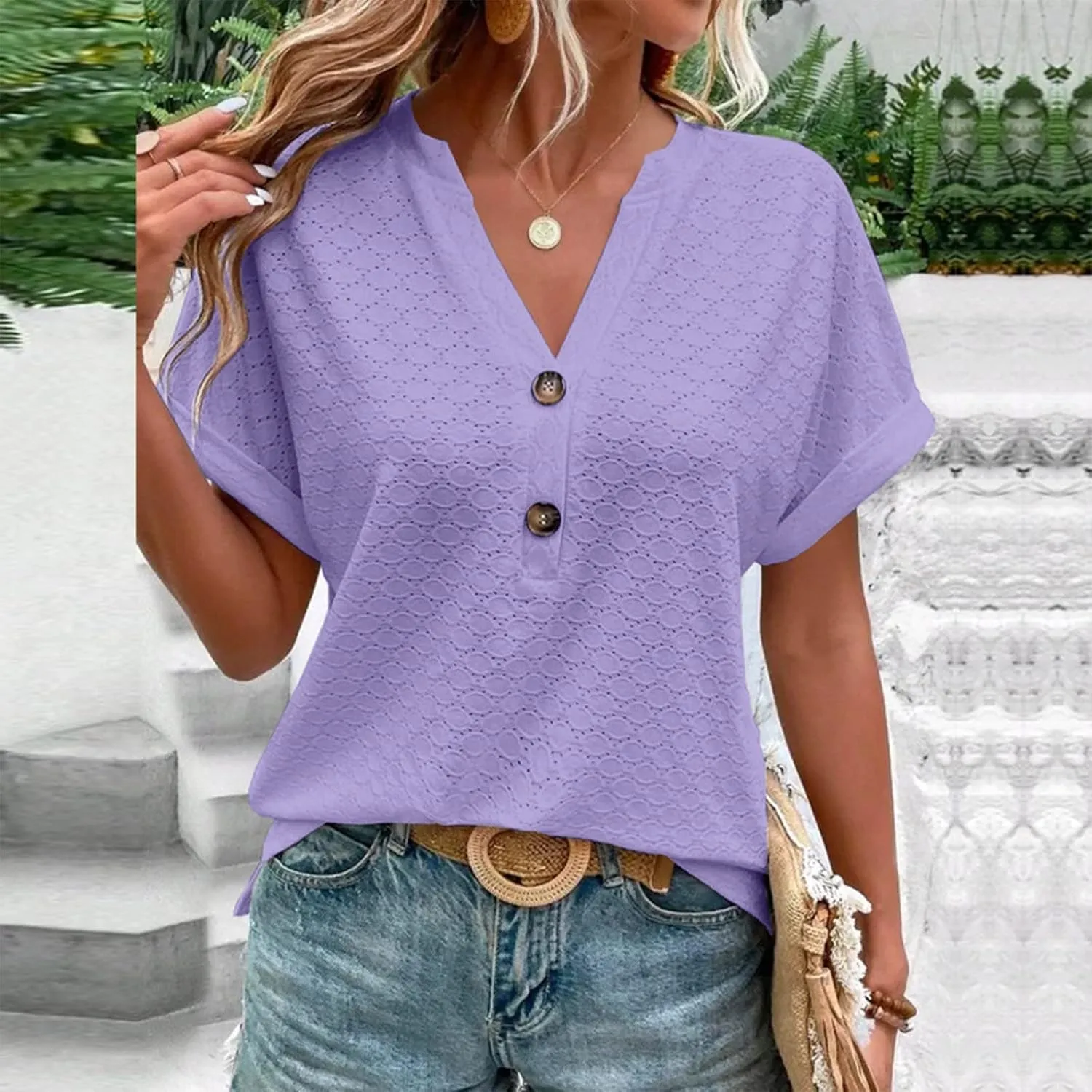 Womens Eyelet Jacquard Tops Plus Size Button V Neck Short Rolled Sleeve Trendy Casual Shirts Dressy Embroidery Blouse