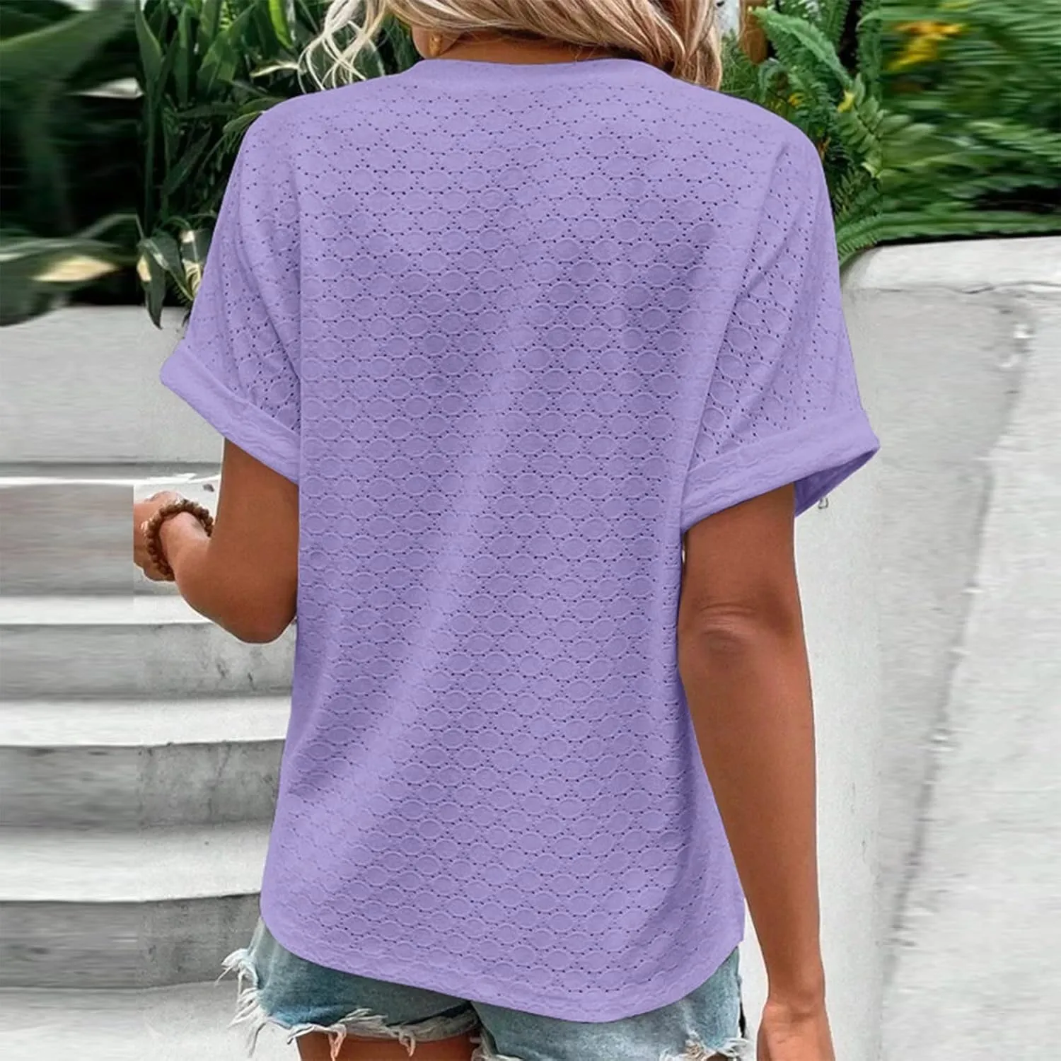 Womens Eyelet Jacquard Tops Plus Size Button V Neck Short Rolled Sleeve Trendy Casual Shirts Dressy Embroidery Blouse