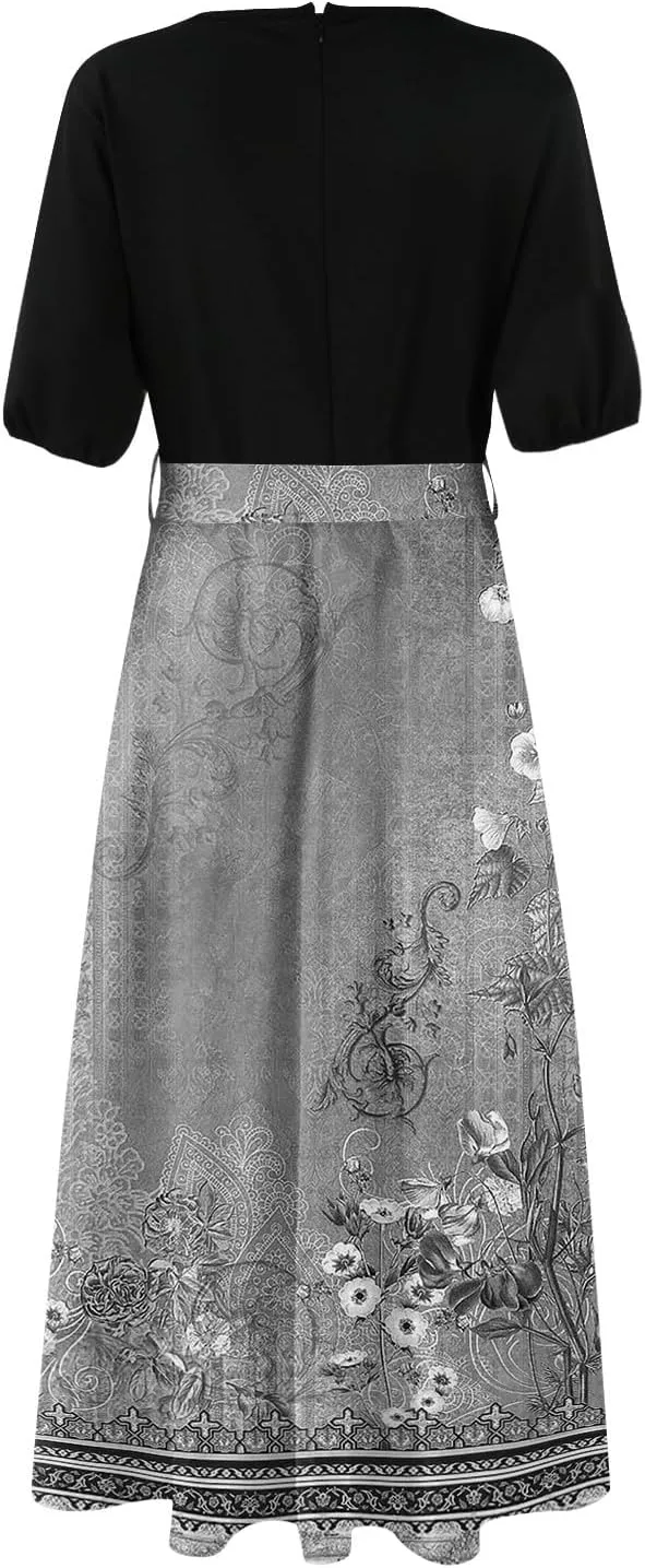 Women's Floral Dress Summer Casual Loose Trendy Short Sleeve V-Neck Printed Sun Beach Boho Vacation Maxi Dresses, S-2XL