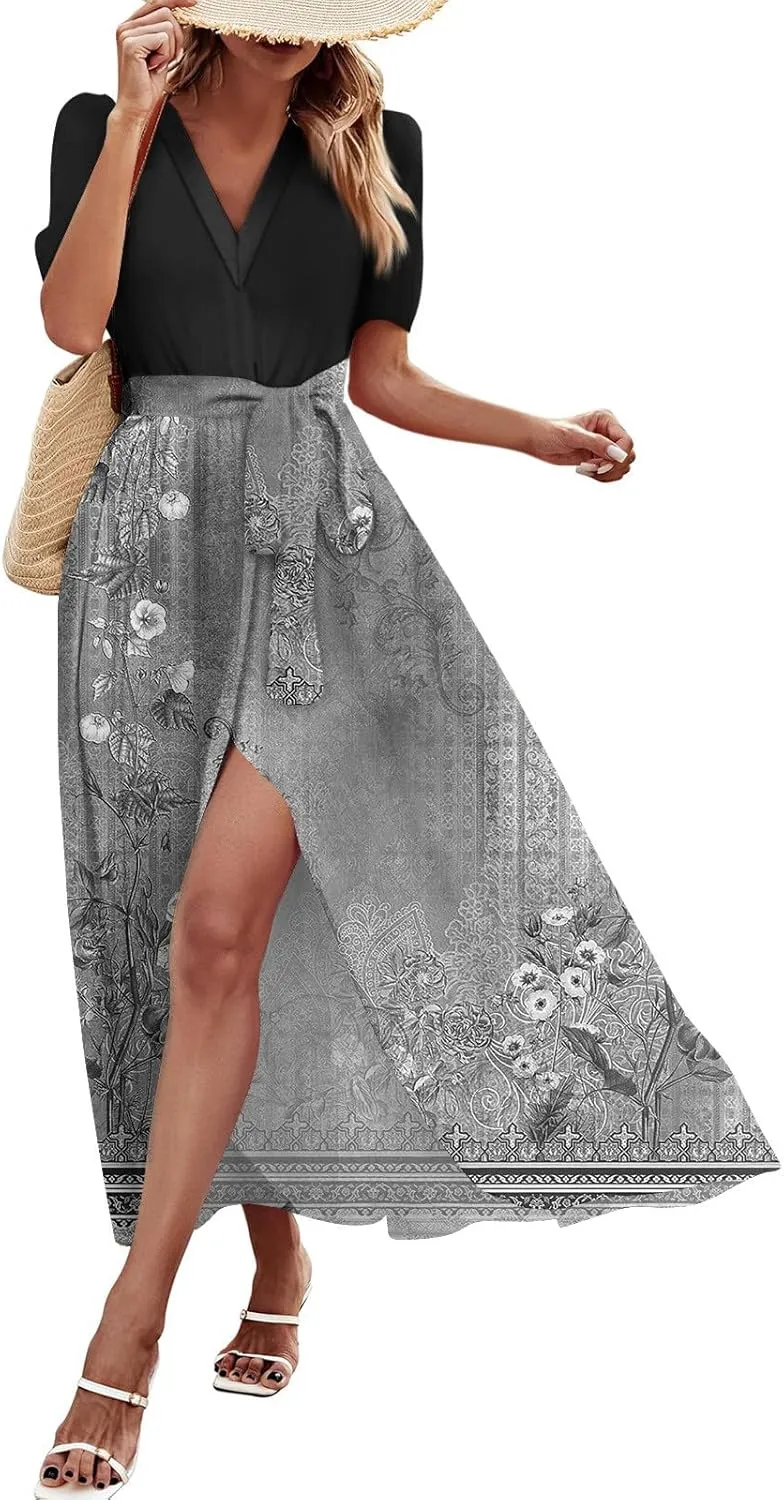 Women's Floral Dress Summer Casual Loose Trendy Short Sleeve V-Neck Printed Sun Beach Boho Vacation Maxi Dresses, S-2XL