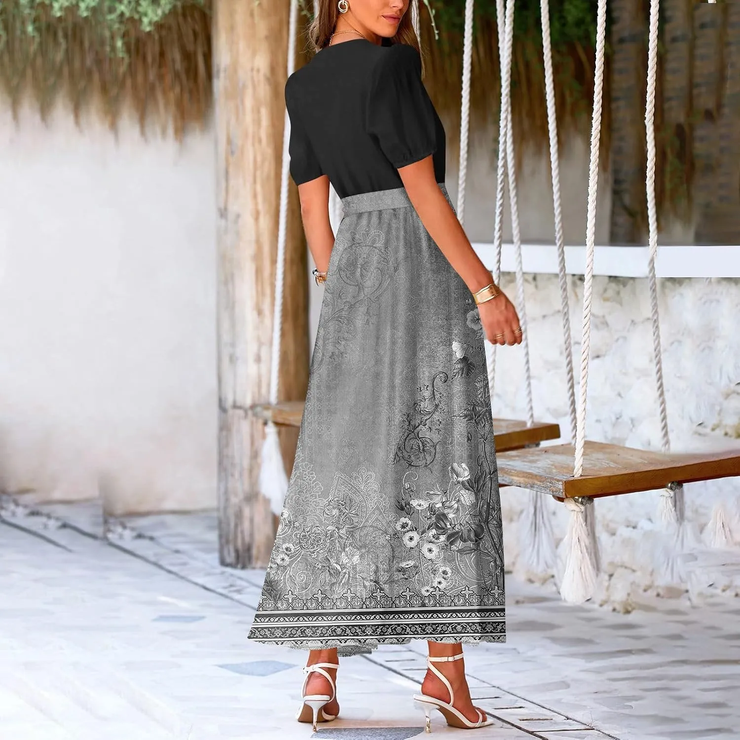Women's Floral Dress Summer Casual Loose Trendy Short Sleeve V-Neck Printed Sun Beach Boho Vacation Maxi Dresses, S-2XL
