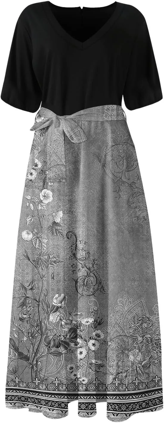 Women's Floral Dress Summer Casual Loose Trendy Short Sleeve V-Neck Printed Sun Beach Boho Vacation Maxi Dresses, S-2XL
