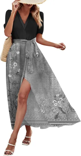 Women's Floral Dress Summer Casual Loose Trendy Short Sleeve V-Neck Printed Sun Beach Boho Vacation Maxi Dresses, S-2XL