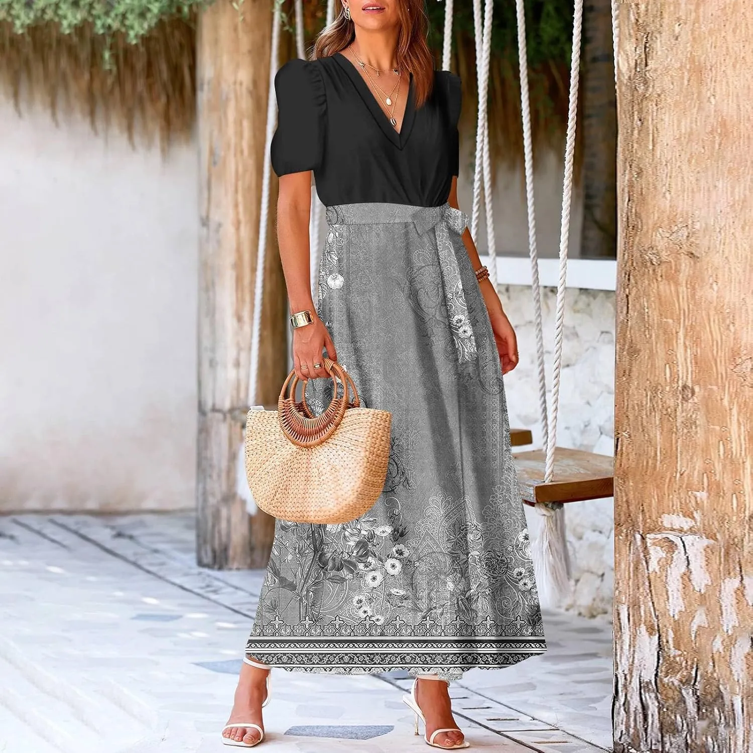 Women's Floral Dress Summer Casual Loose Trendy Short Sleeve V-Neck Printed Sun Beach Boho Vacation Maxi Dresses, S-2XL
