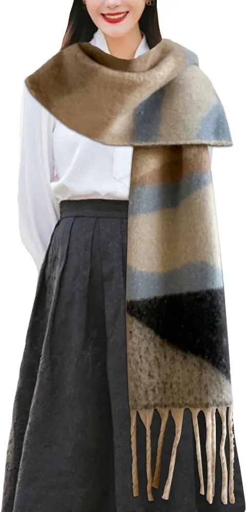 Women's Large Chunky Plaid Scarf Coloured Checked Oversized Scarf Tassel Soft Fall Winter Thick Warm Shawl