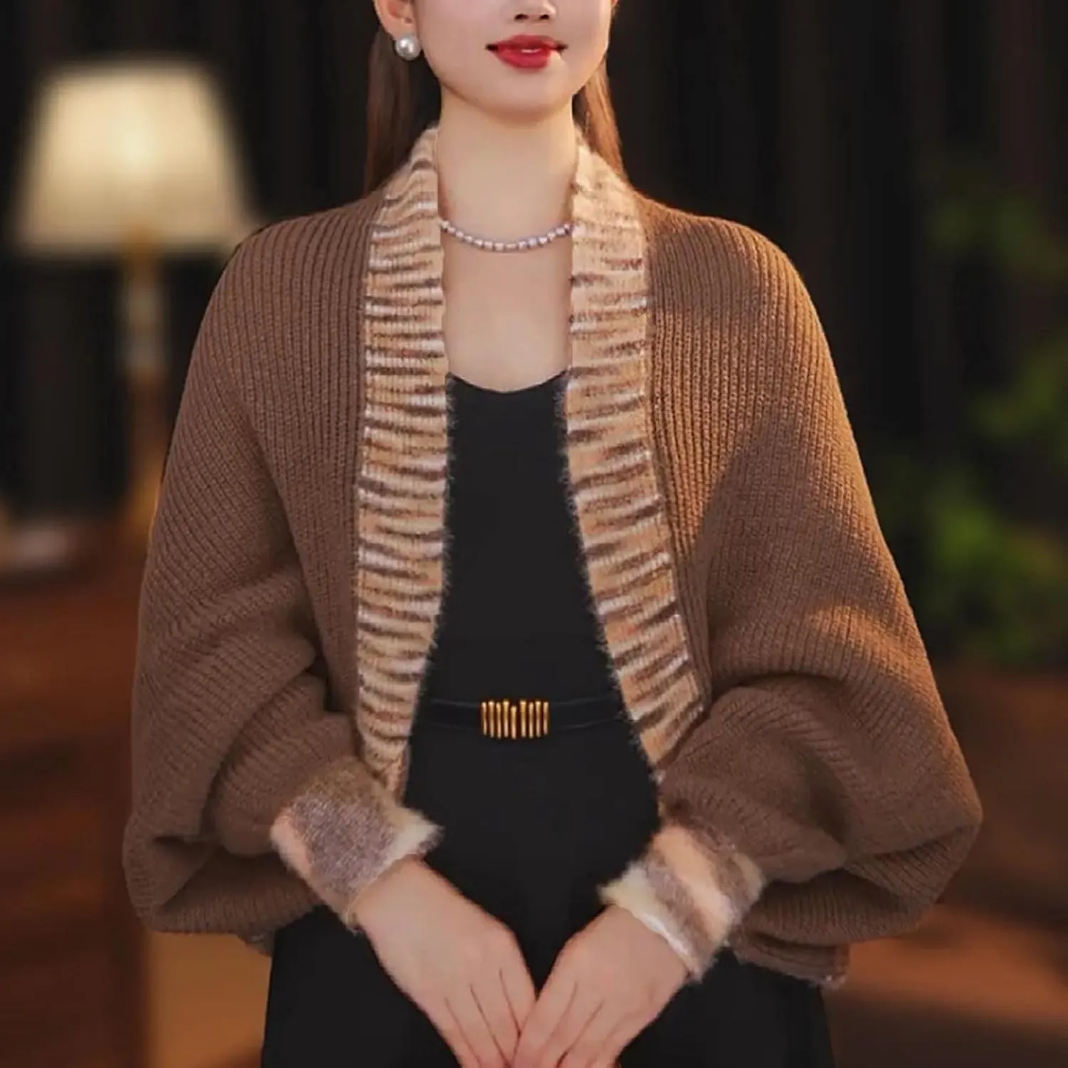 Women's Long Sleeve Knit Cardigan Shrug Top Open Front Crochet Loose Fit Cropped Shawl Sweatshirt Workout Sweater