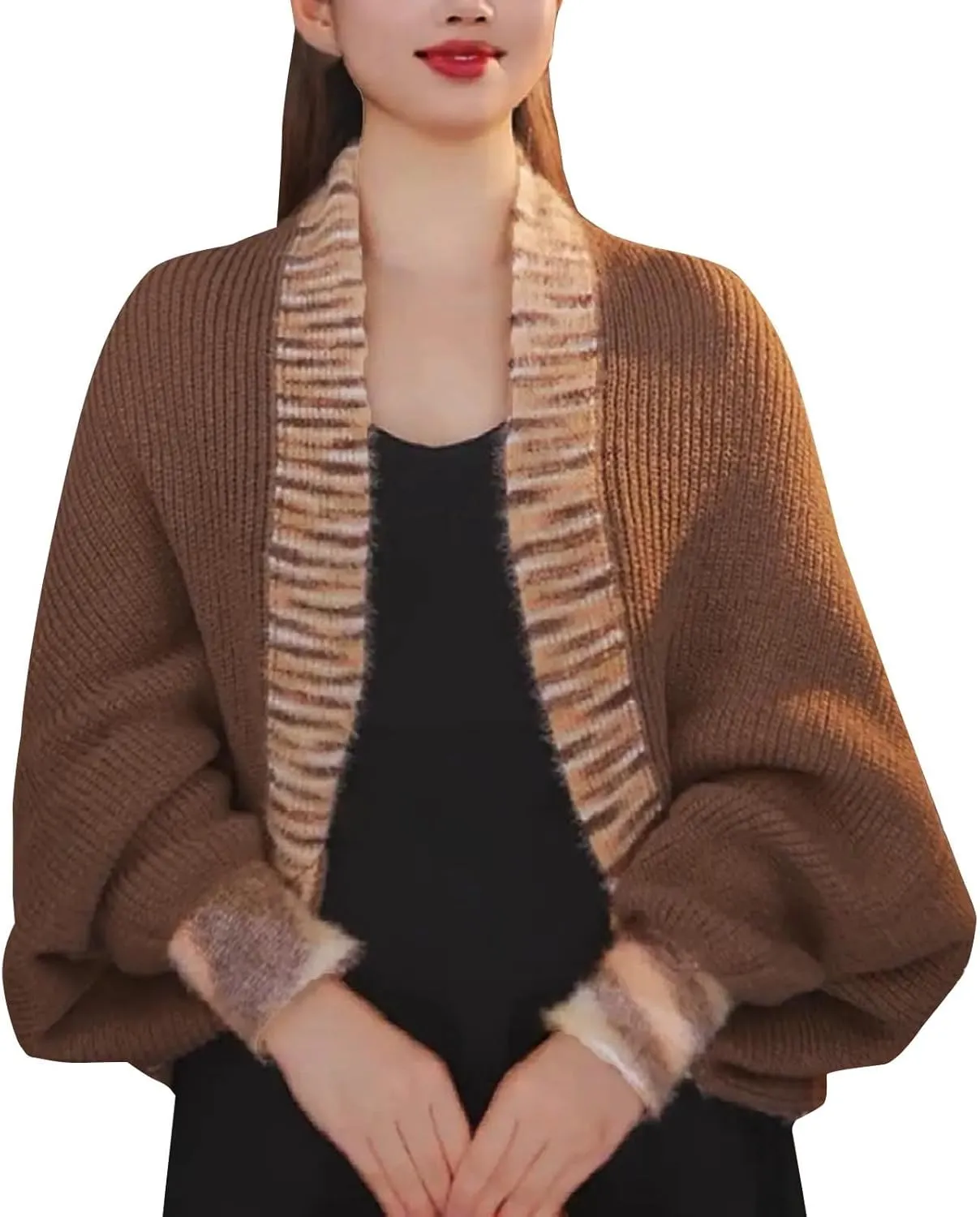 Women's Long Sleeve Knit Cardigan Shrug Top Open Front Crochet Loose Fit Cropped Shawl Sweatshirt Workout Sweater