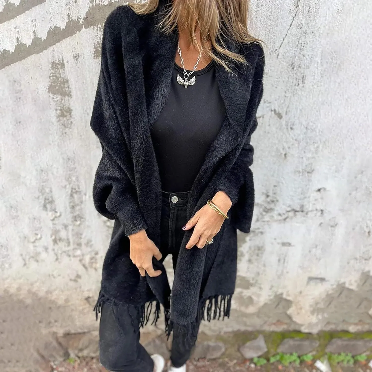 Women's Long Sleeve Scarf Winter Tassel Hem Long Cardigan Knitwer Sweater Open Front Outwear Poncho Coat with Sleeves