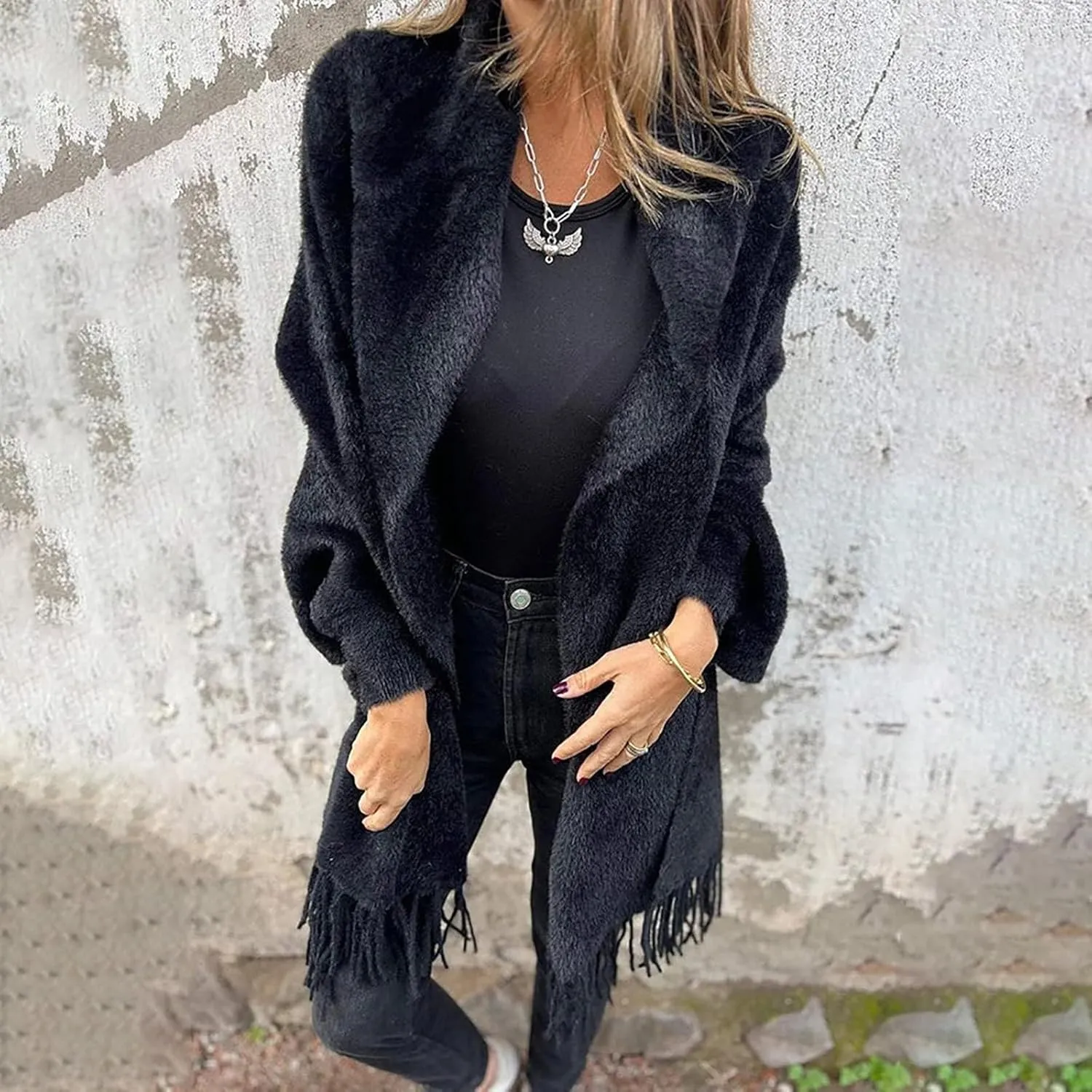 Women's Long Sleeve Scarf Winter Tassel Hem Long Cardigan Knitwer Sweater Open Front Outwear Poncho Coat with Sleeves