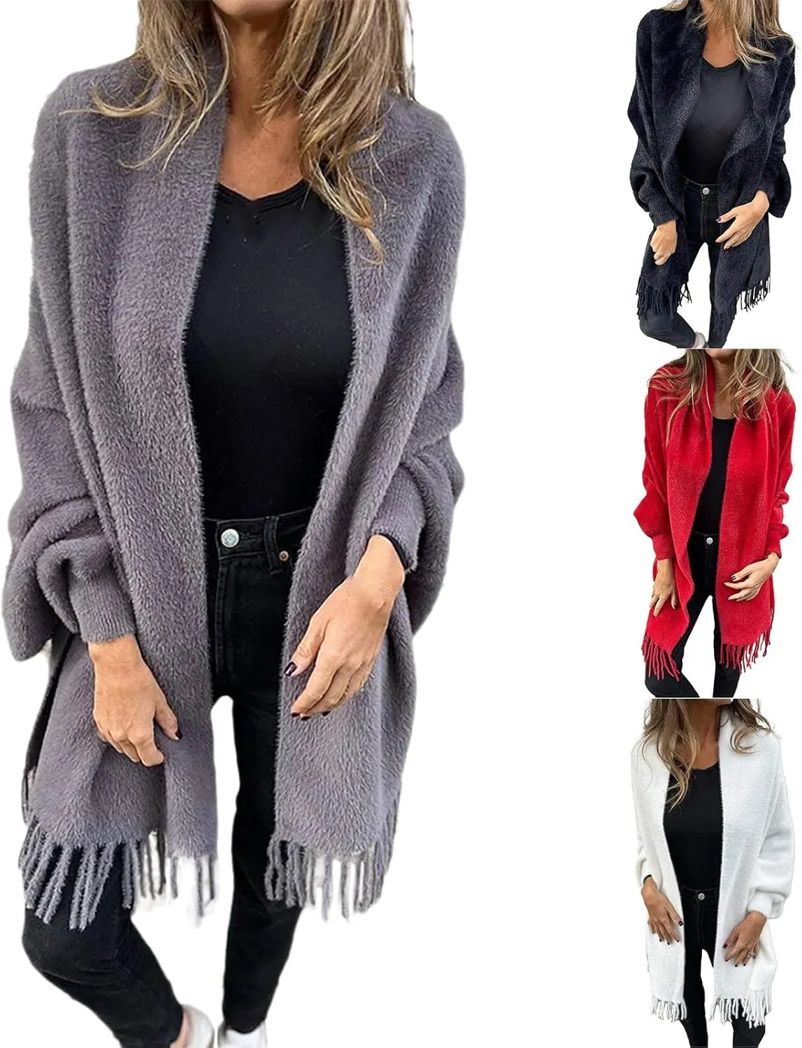 Women's Long Sleeve Scarf Winter Tassel Hem Long Cardigan Knitwer Sweater Open Front Outwear Poncho Coat with Sleeves