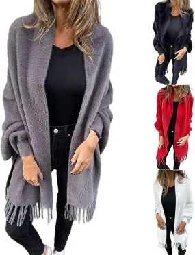 Women's Long Sleeve Scarf Winter Tassel Hem Long Cardigan Knitwer Sweater Open Front Outwear Poncho Coat with Sleeves