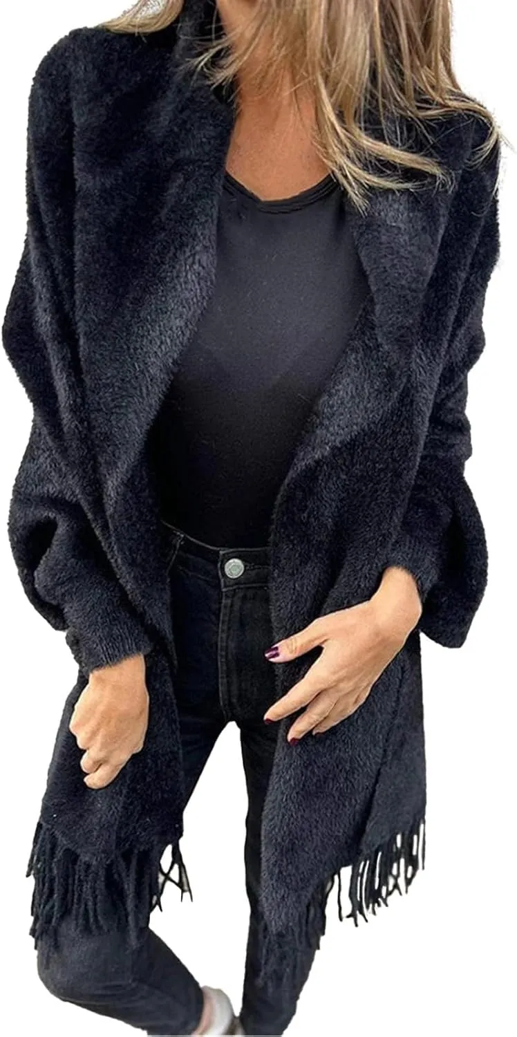 Women's Long Sleeve Scarf Winter Tassel Hem Long Cardigan Knitwer Sweater Open Front Outwear Poncho Coat with Sleeves