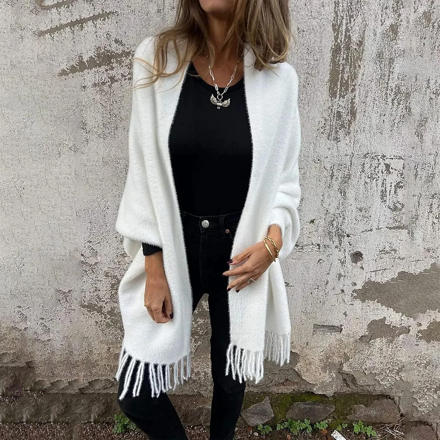 Women's Long Sleeve Scarf Winter Tassel Hem Long Cardigan Knitwer Sweater Open Front Outwear Poncho Coat with Sleeves