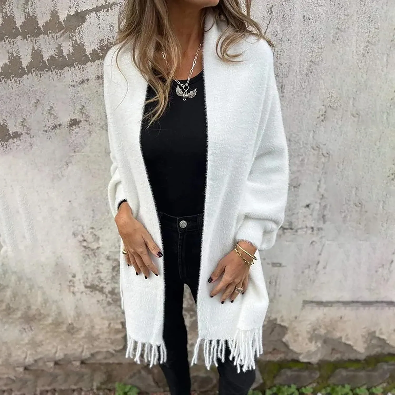 Women's Long Sleeve Scarf Winter Tassel Hem Long Cardigan Knitwer Sweater Open Front Outwear Poncho Coat with Sleeves