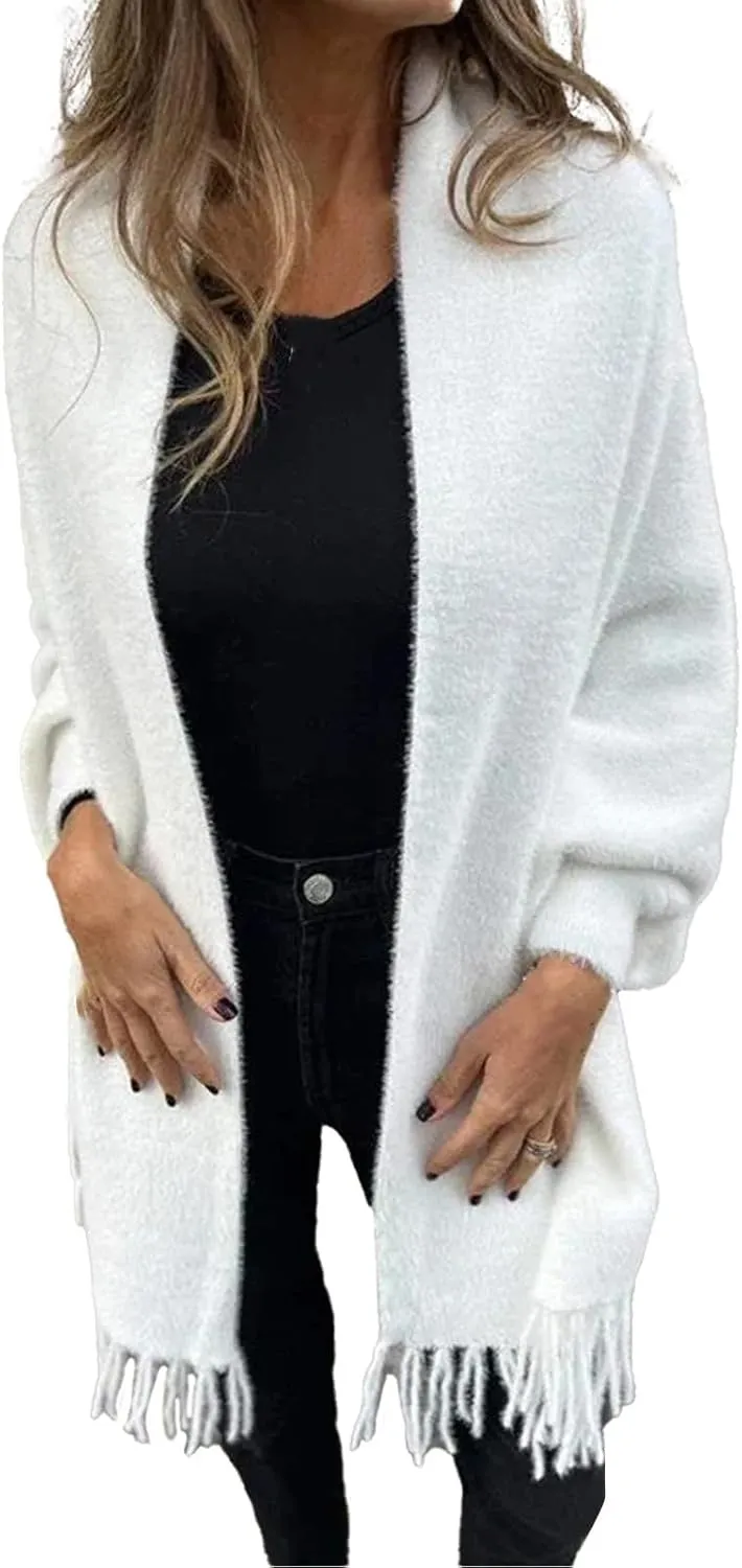 Women's Long Sleeve Scarf Winter Tassel Hem Long Cardigan Knitwer Sweater Open Front Outwear Poncho Coat with Sleeves