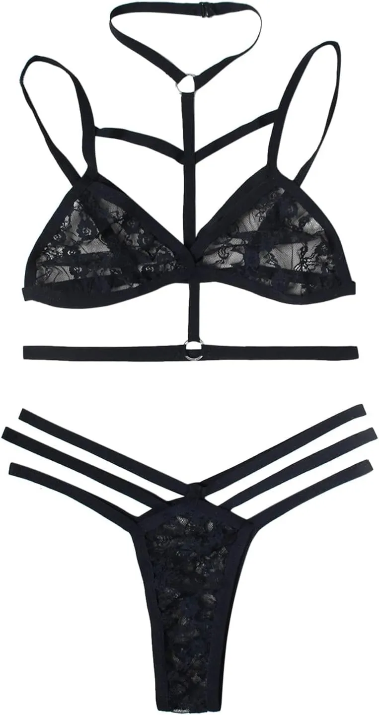 Women's Sexy Lingerie Bralette and Panty Set Strappy LaceLingerie Bodysuit Deep V