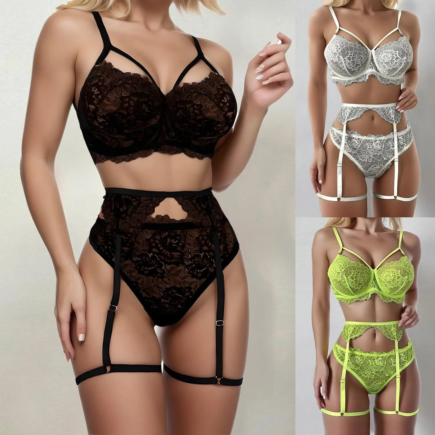 Womens Sexy Lingerie Sets Fashion Lace Push Up Bras High Waist Briefs Steel Ring Garter Set Underwear Home Sleepwear