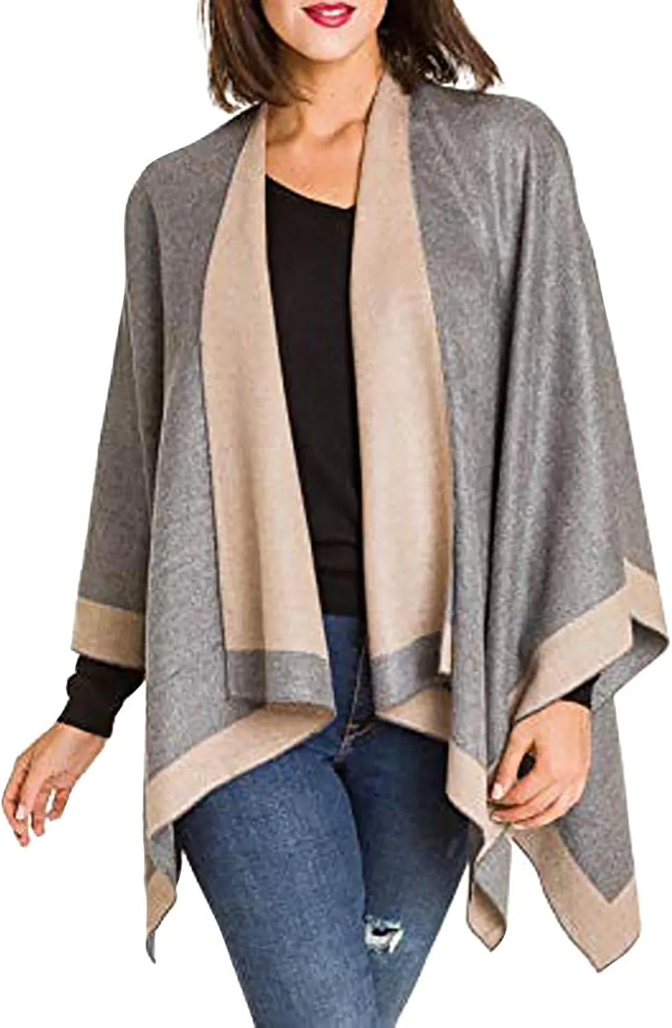 Women's Shawl Wrap Poncho Elegant Color Block Fall Cape Cardigan Sweater Winter Open Front Windproof Shawl Scarf