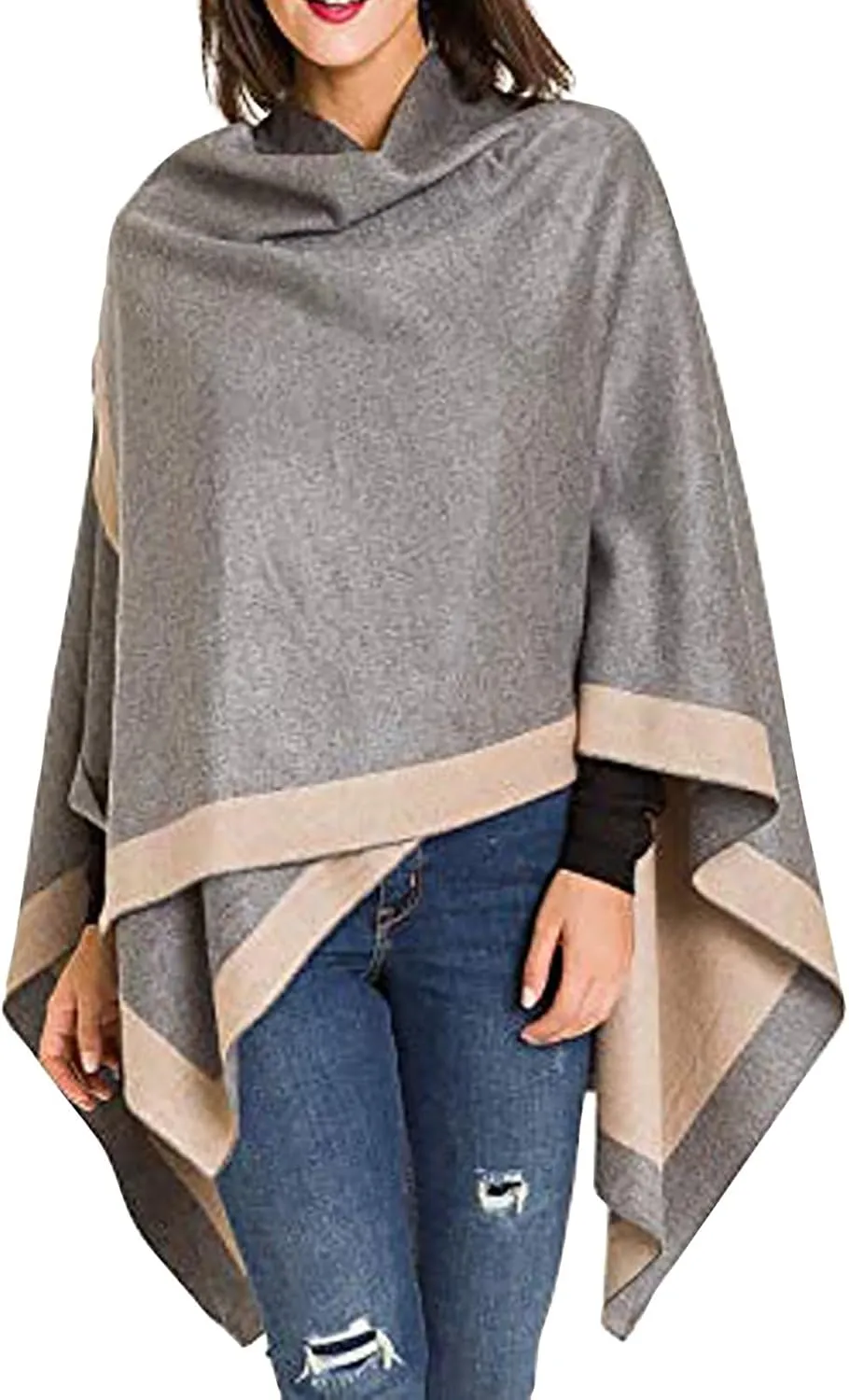 Women's Shawl Wrap Poncho Elegant Color Block Fall Cape Cardigan Sweater Winter Open Front Windproof Shawl Scarf