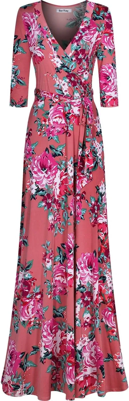 Women's Super Stretchy Maxi Party Dress Spring Floral Print Faux Wrap 3/4 Sleeve V-Neck