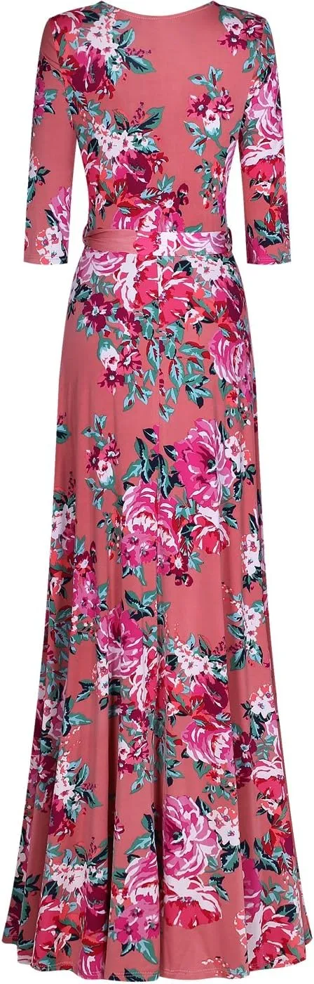 Women's Super Stretchy Maxi Party Dress Spring Floral Print Faux Wrap 3/4 Sleeve V-Neck