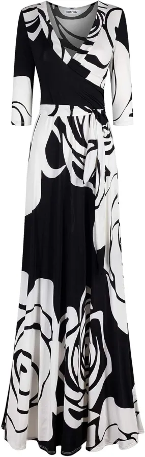 Women's Super Stretchy Maxi Party Dress Summer Beach Faux Wrap 3/4 Sleeve V-Neck Floral Print