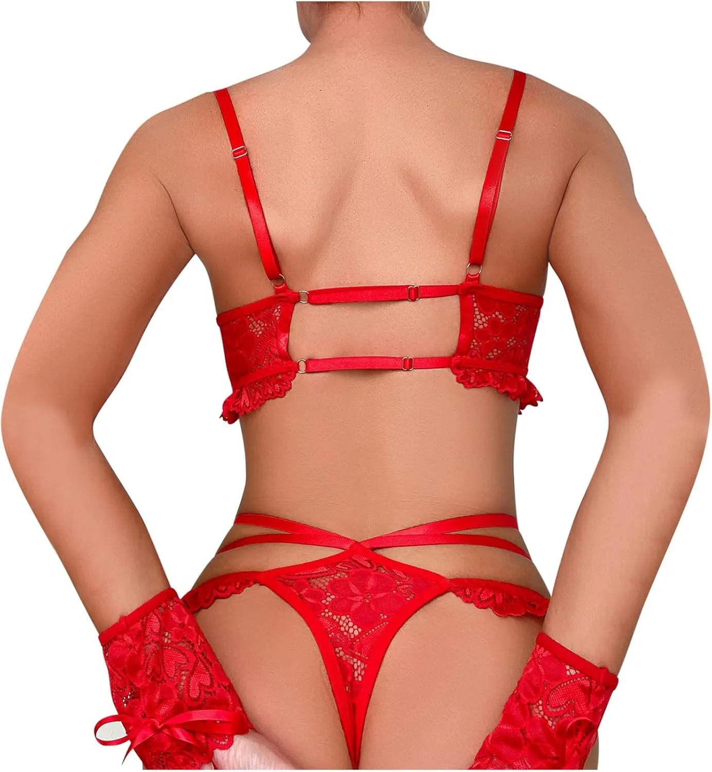 Women's Valentines Sexy Lingerie Set for Sex Naughty Lace Underwire Bralette Strappy Panty Boudoir Outfits with Gloves Teddy