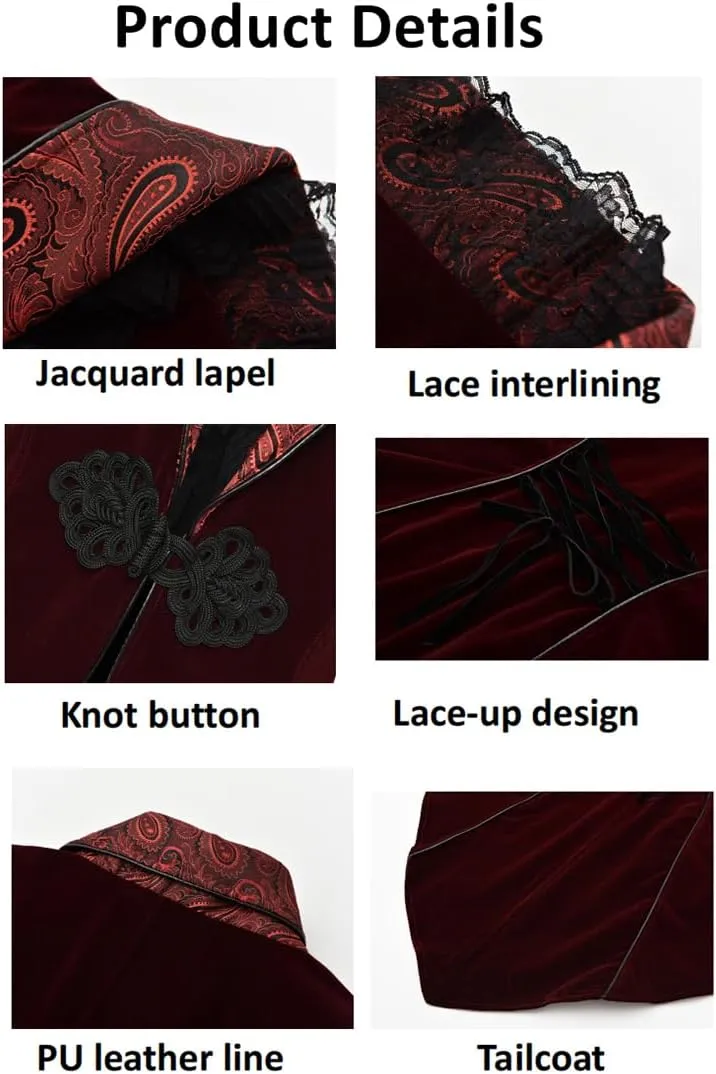 Women's Victorian Lace Tailcoat Pirate Gothic Steampunk Jackets Medieval Lapel Coat