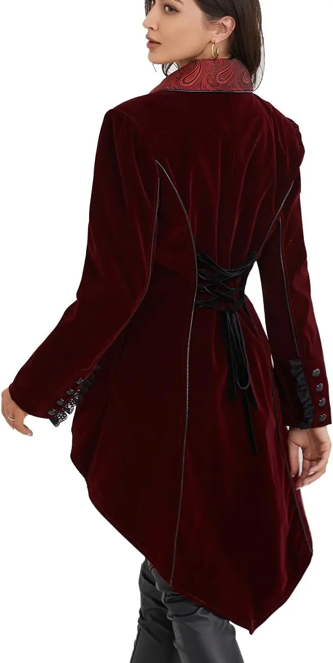 Women's Victorian Lace Tailcoat Pirate Gothic Steampunk Jackets Medieval Lapel Coat
