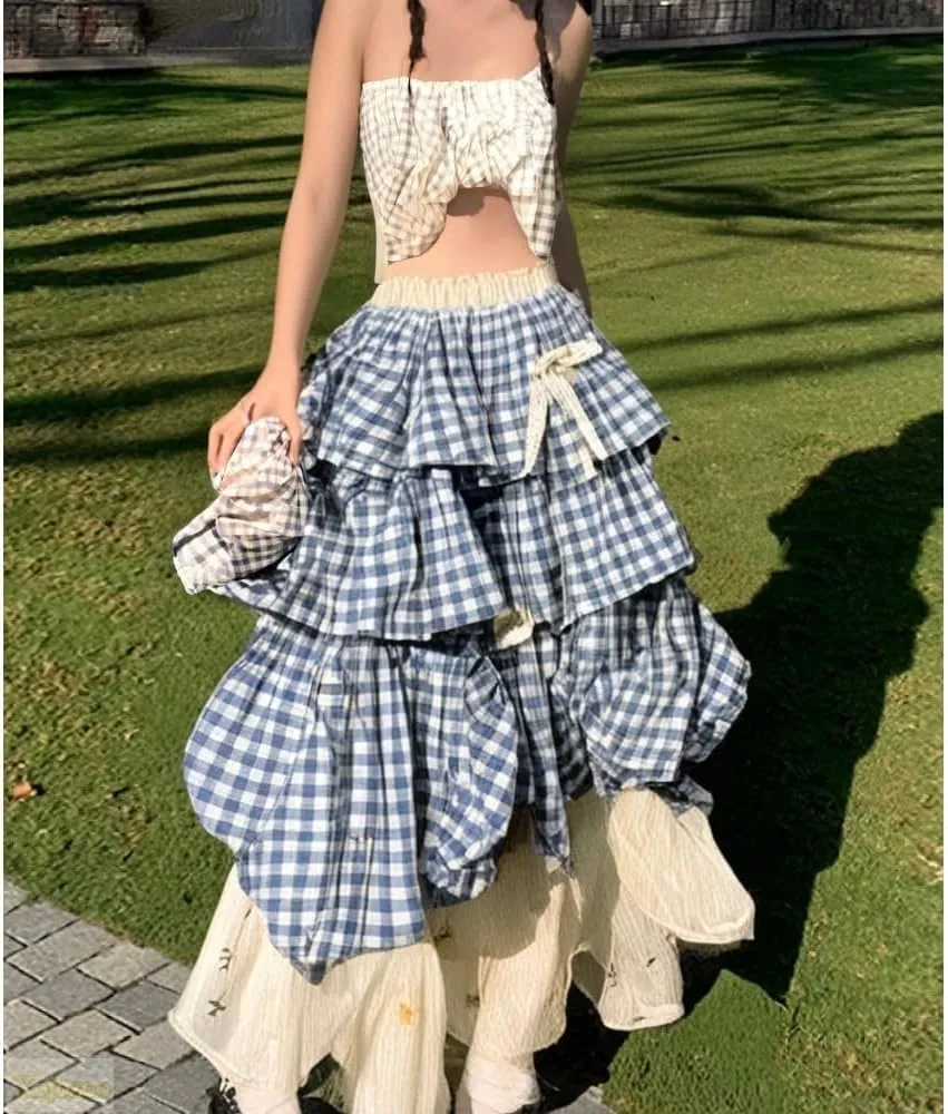 Y2k Vintage Plaid Patchwork Tiered Skirt 3D Satin Bow Layered Ruffles Lightweight Cotton Linen Blend Dressy Outfit for Women