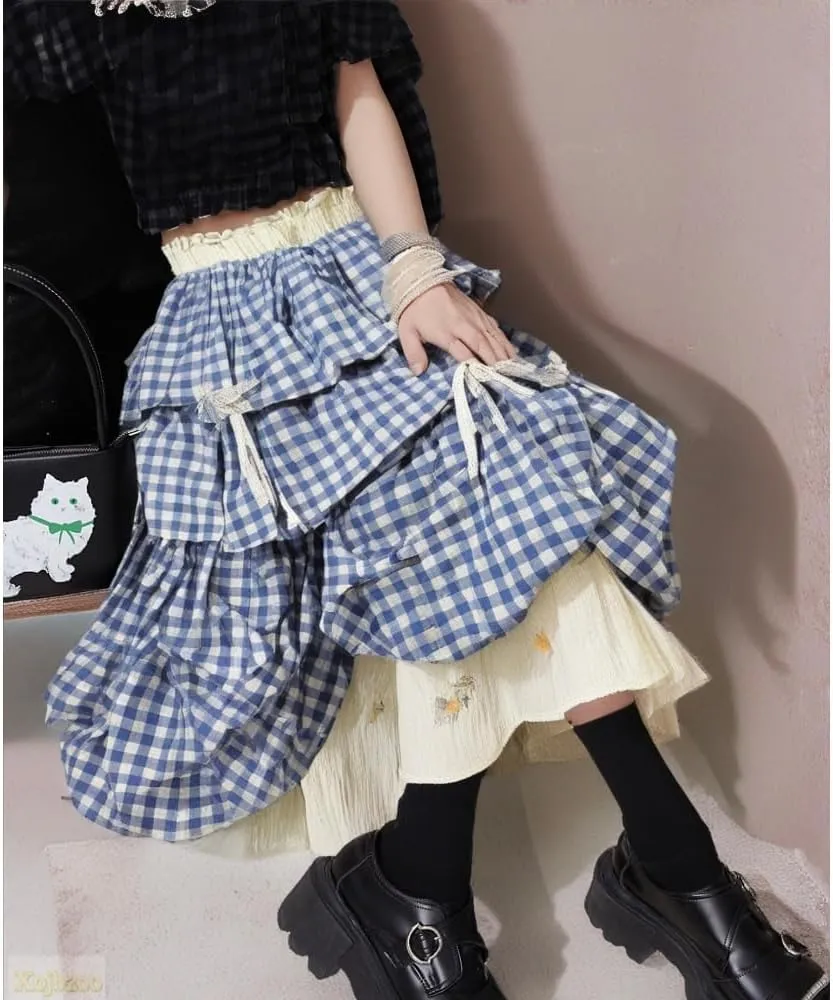 Y2k Vintage Plaid Patchwork Tiered Skirt 3D Satin Bow Layered Ruffles Lightweight Cotton Linen Blend Dressy Outfit for Women